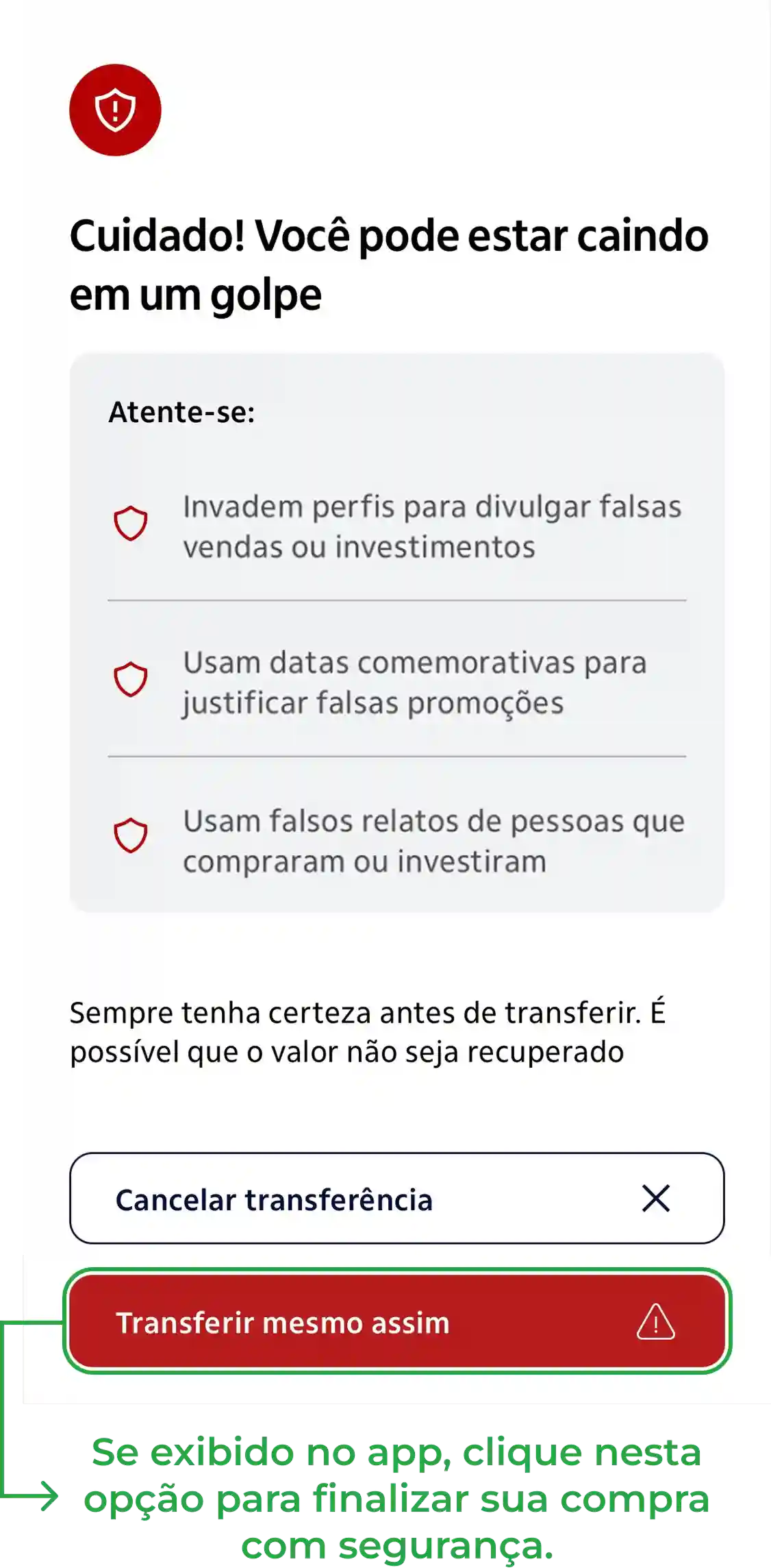 Aviso genérico sobre transação PIX