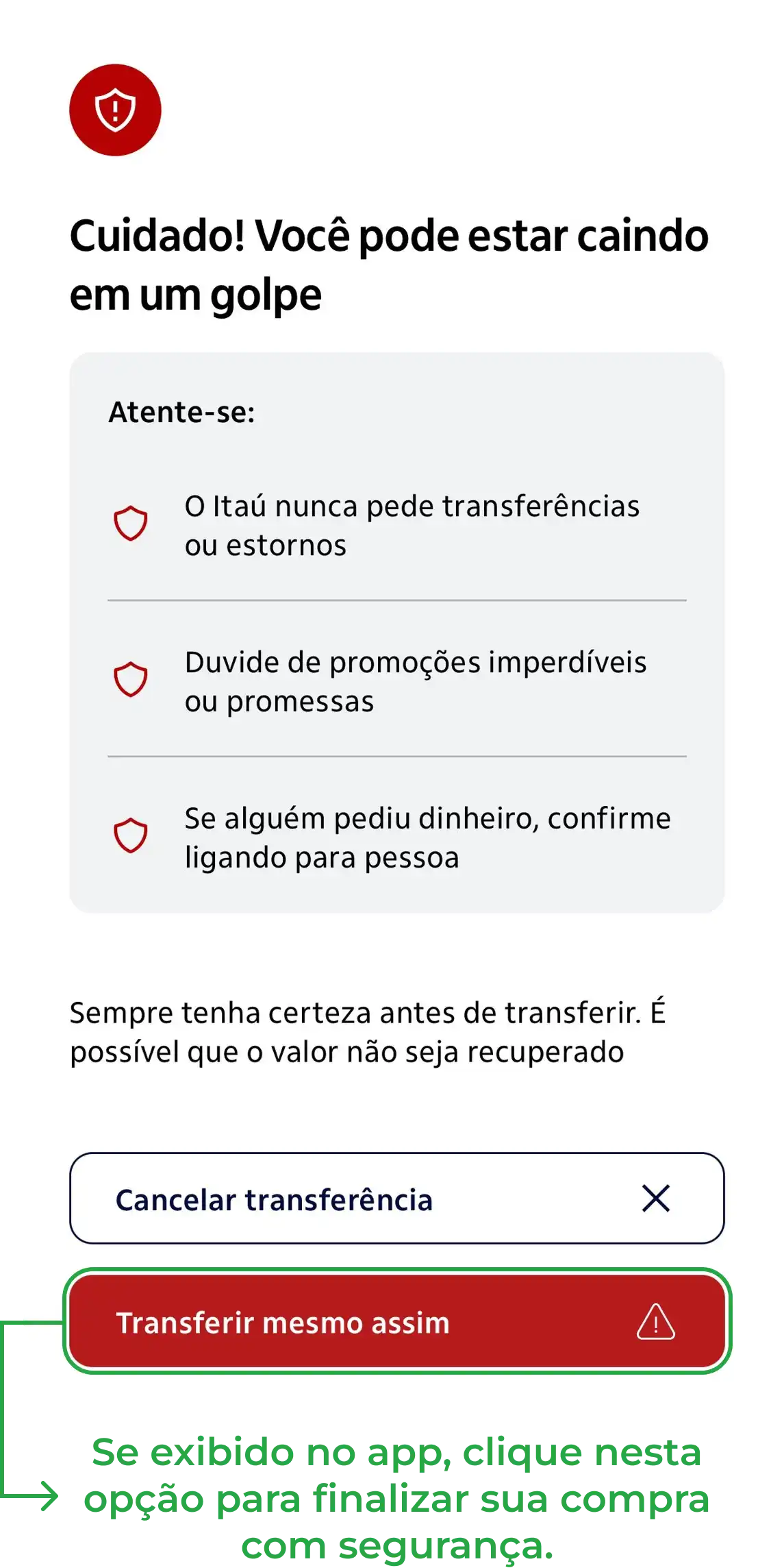 Aviso Itaú sobre transação PIX