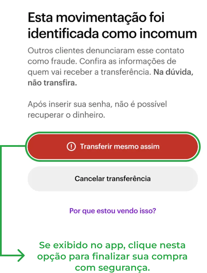 Aviso Nubank sobre transação PIX